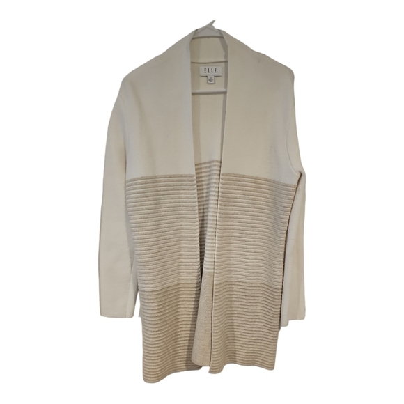 ELLE Beige Tan Cream Open Front Long Color block Cardigan Sweater sz S - Picture 3 of 11